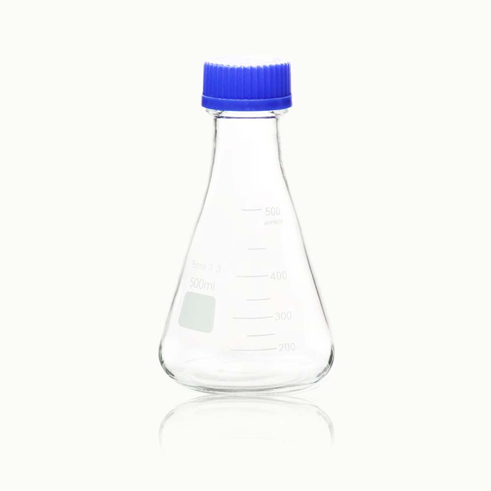 ULAB Scientific Erlenmeyer Flask with Blue Screw Cap, 17oz 500ml, 3.3 Borosilicate with Printed Graduation, Pack of 2, UEF1020