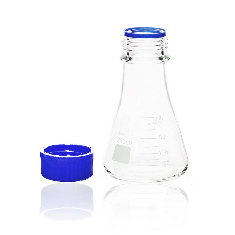 ULAB Scientific Erlenmeyer Flask with Blue Screw Cap, 8.5oz 250ml, 3.3 Borosilicate with Printed Graduation, UEF1016
