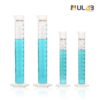 ULAB Scientific Plastic Measuring Cylinder Set, 2 Sizes 100ml 250ml 3.4oz 8.5oz, Polypropylene Material Hexagonal Base, Blue Printed Graduation, UMC1006
