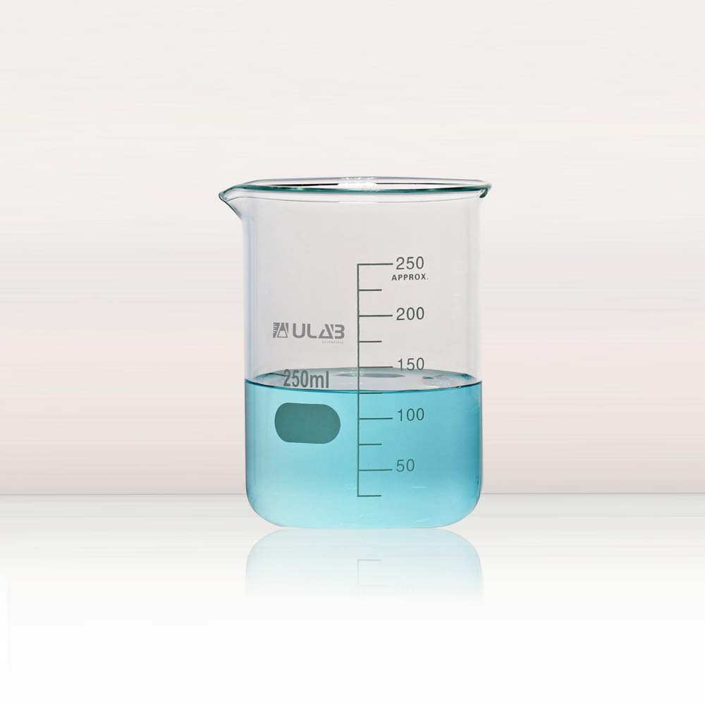 ULAB Scientific Glass Beaker Set, Vol. 250ml, 3.3 Borosilicate Griffin Low Form with Printed Graduation, Pack of 4, UBG1015