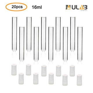 ULAB Scientific Glass Test Tubes with Autoclavable Caps, Vol.16ml, 16x150mm, Medium Borosilicate Glass Material, Pack of 20, UTT1010