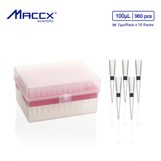 Disposable Pipette Tips with Filter, 960pcs of Vol. 100 µL, Molded Graduation, RNase Free, DNase Free, Nonpyrogenic, 96 Tips/Rack, 10 Racks/Box