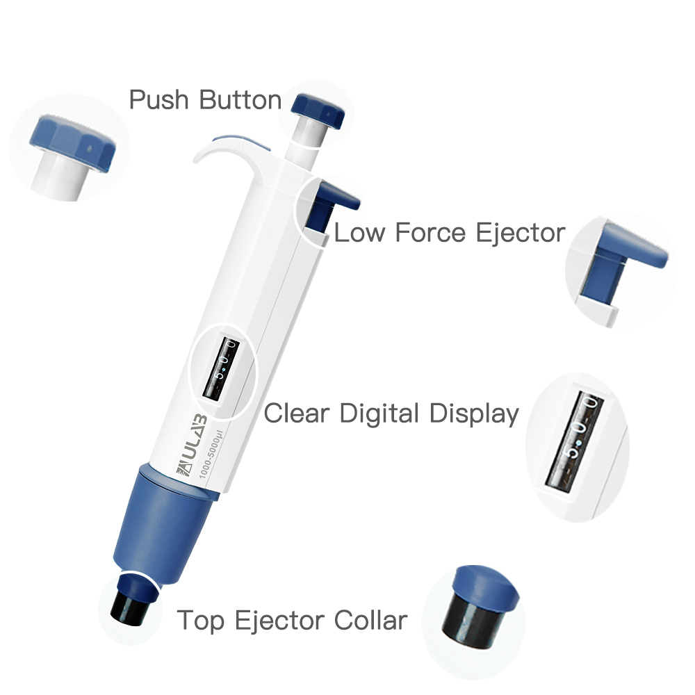 ULAB Single Channel Pipettor with Pipette Tips Offered, 1pc of Adjustable Volume Micro Pipette with Vol.range.1000-5000μl, 250pcs of Vol.5000μl Pipette Tips in Neutral Color, ULH1022