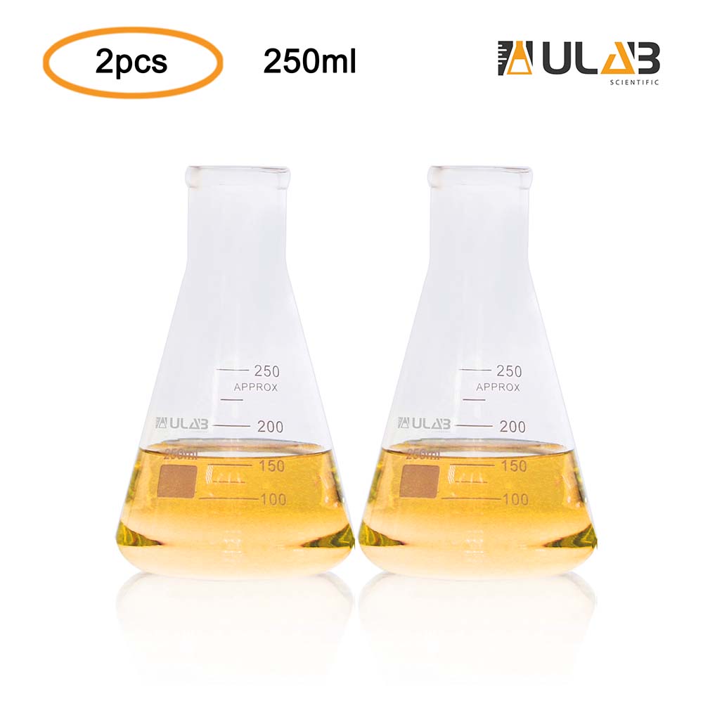 ULAB Scientific Narrow-Mouth Glass Erlenmeyer Flasks, 8.5oz 250ml, 3.3 Borosilicate with Printed Graduation, Pack of 2, UEF1023
