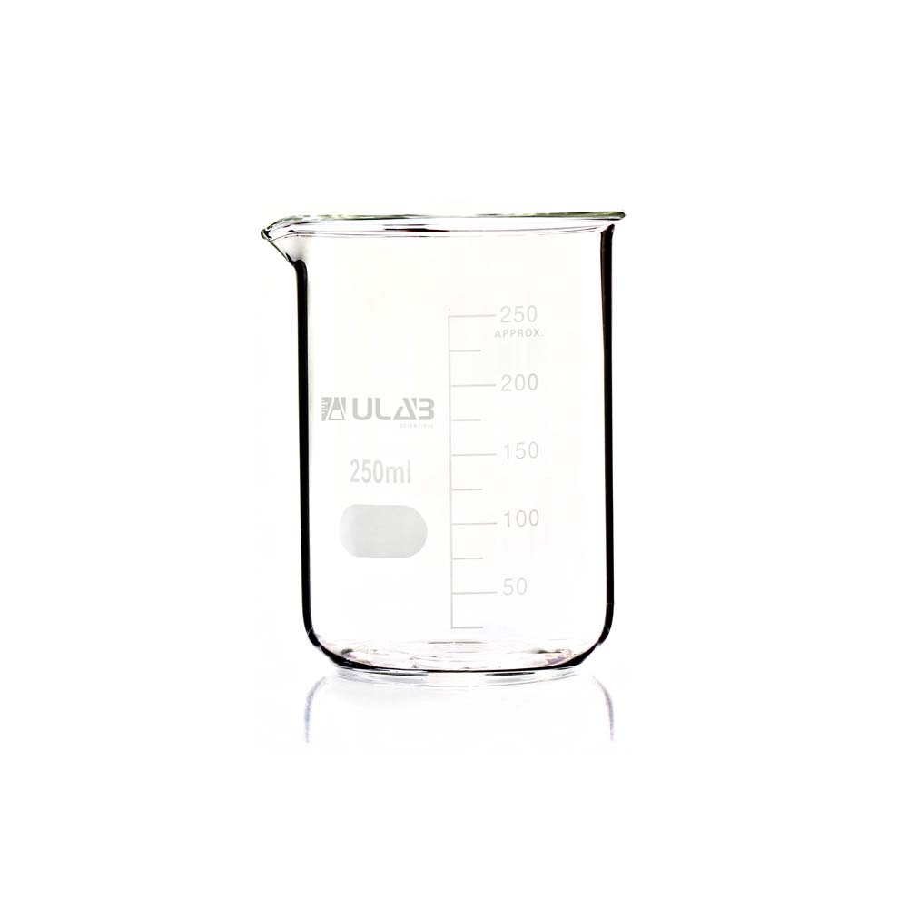ULAB Scientific Glass Beaker Set, Vol. 250ml, 3.3 Borosilicate Griffin Low Form with Printed Graduation, Pack of 4, UBG1015