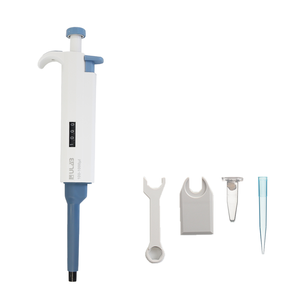 ULAB Single Channel Pipettor with Pipette Tips Offered, 1pc of Adjustable Volume Micro Pipette with Vol.range.100-1000μl, 500pcs of Vol.1000μl Pipette Tips in Blue Color, ULH1021