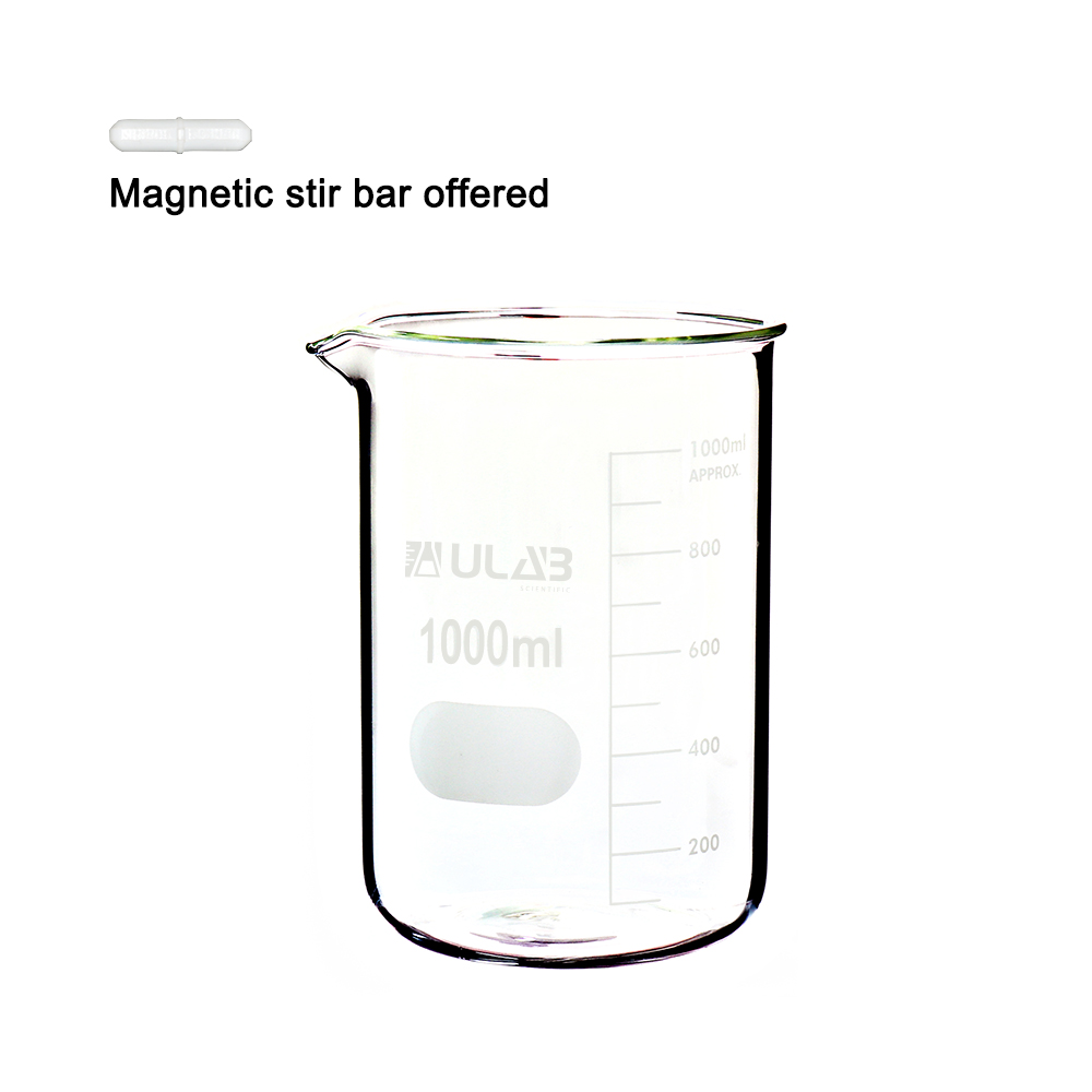 ULAB Scientific Griffin Low Form Glass Beaker with 1pc Magnetic Stir Bar Offered, 1000ml, 3.3 Borosilicate Glass, Printed Graduation, UBG1005