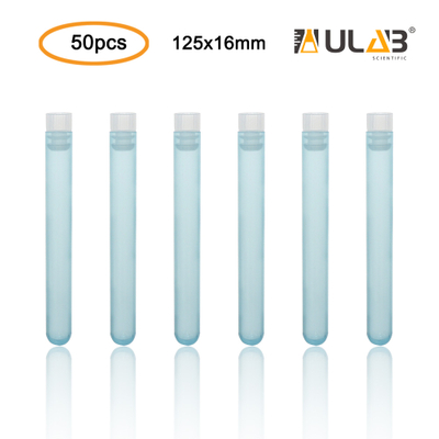 ULAB Plastic Test Tubes with Flange Stoppers, 50pcs of Dia.16x125mm Party Tubes, Blue Color, 50pcs PE Flange Stoppers, Dia.16mm, Nature Color, UTT1016