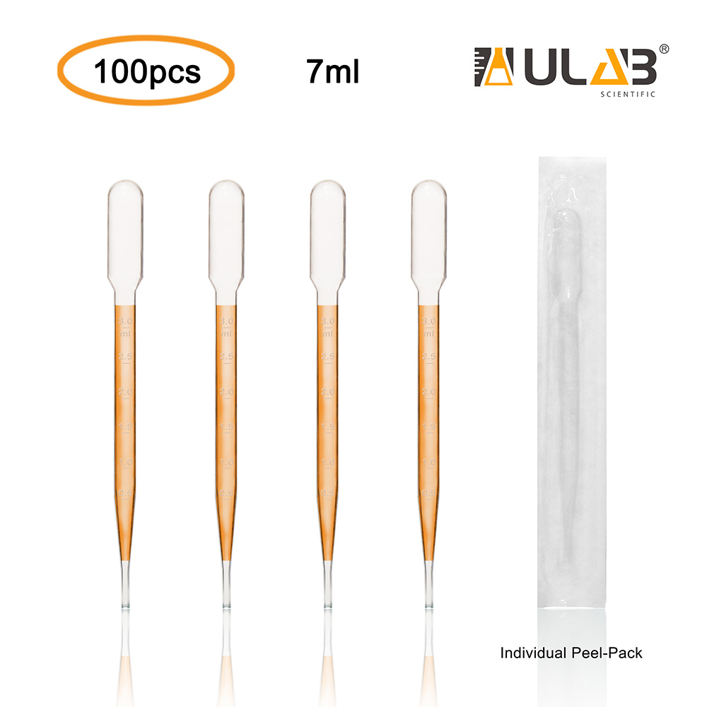ULAB Sterile Transfer Pipettes, Essential Oils Pipettes Vol. 7ml, 3ml Graduated, 0.5ml Graduation Interval, 155mm Long, Low-Density Polyethylene Material, Individual Peel-Pack, Pack of 100, UTP1014